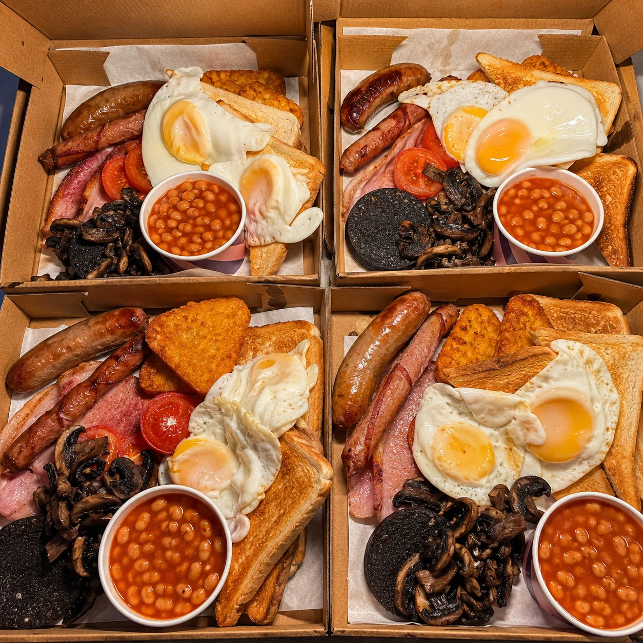Four breakfast boxes with eggs, sausages and beans