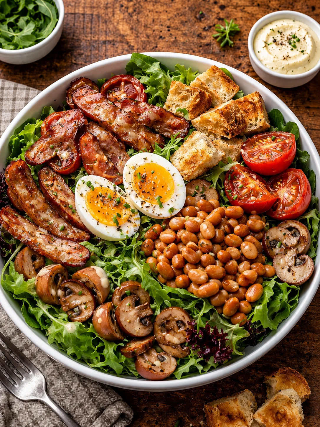 A salad bowl with chicken, egg, beans and mushrooms